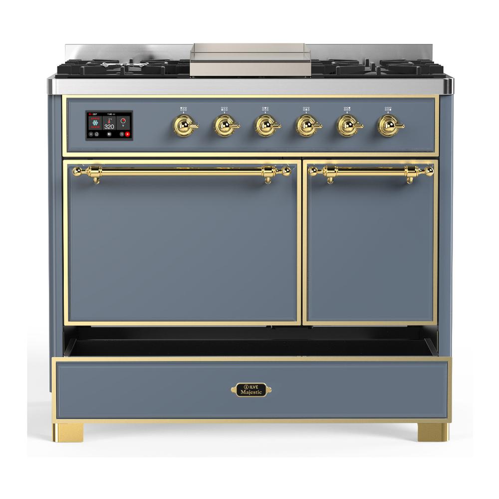 ILVE UMD40FQNR3BGGLP Majestic III 40 inch Dual Fuel Range with 6 Burners and Griddle, Dual Function Burner up to 25,000 BTU (Liquid Propane, Solid Door, Blue Grey, Brass)