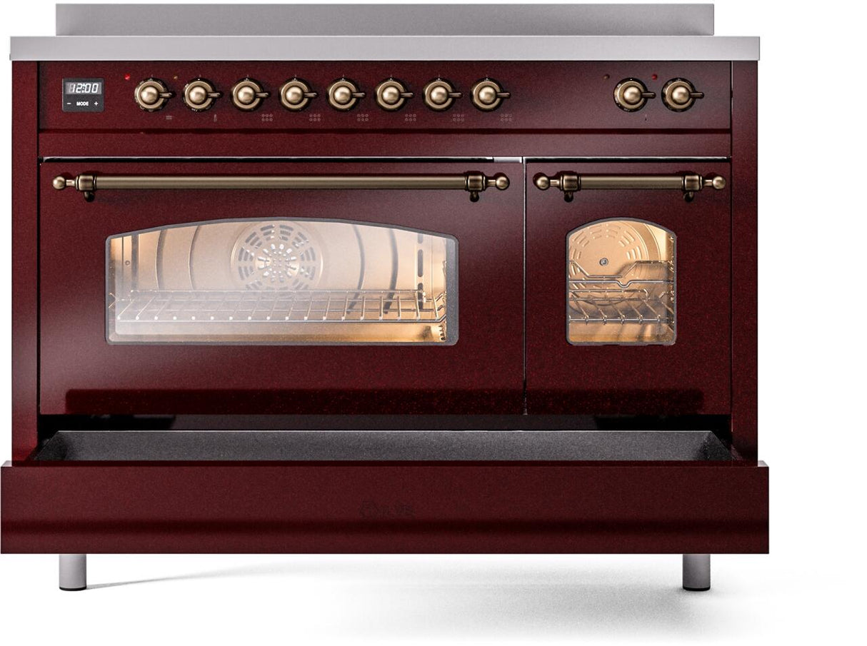 Nostalgie II 48 Inch Electric Freestanding Range in Burgundy with Bronze Trim