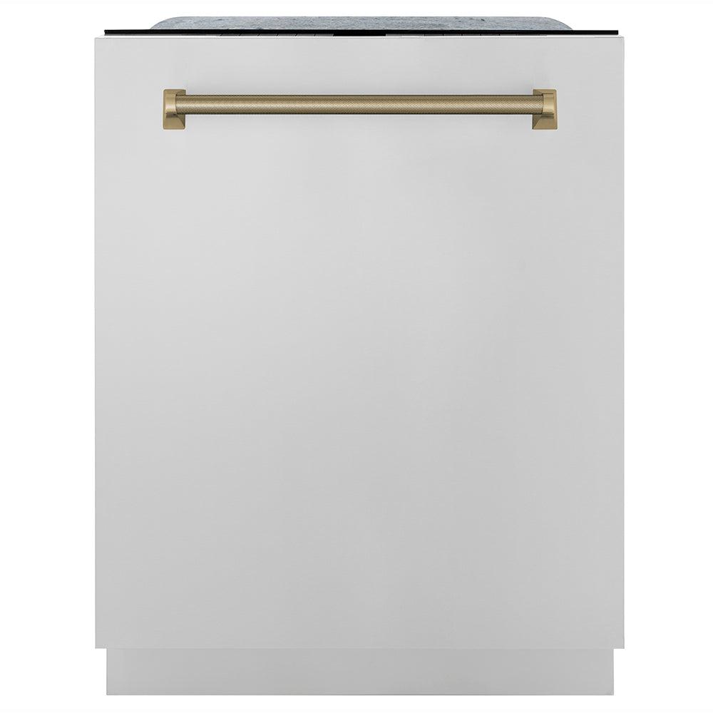 ZLINE Autograph Edition 24 in. Monument Series 3rd Rack Top Touch Control Tall Tub Dishwasher in Stainless Steel with Champagne Bronze Helix Handle, 45dBa (DWMTZ-30424-KCB)