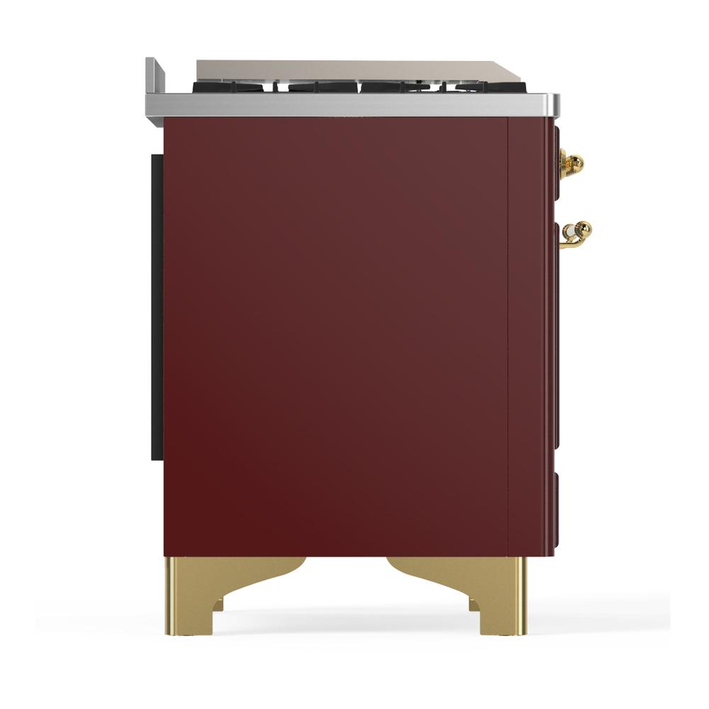 ILVE UM60FSNR3BUG Majestic III 60 inch Dual Fuel Range with 7 Burners, Griddle and French Top, Dual Function Burner with up to 25,000 BTU (Natural Gas, Triple Glass Door, Burgundy, Brass)