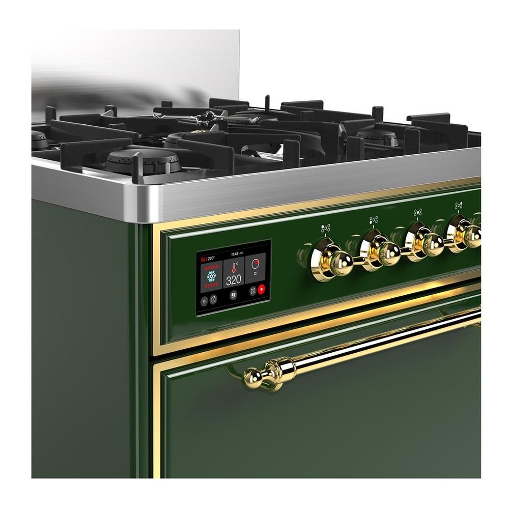 ILVE UM30QNR3EGGLP Majestic III 30 inch Dual Fuel Range with 5 Black Brass Burners, Dual Function Burner up to 25,000 BTU (Liquid Propane, Solid Door, Emerald Green, Brass)
