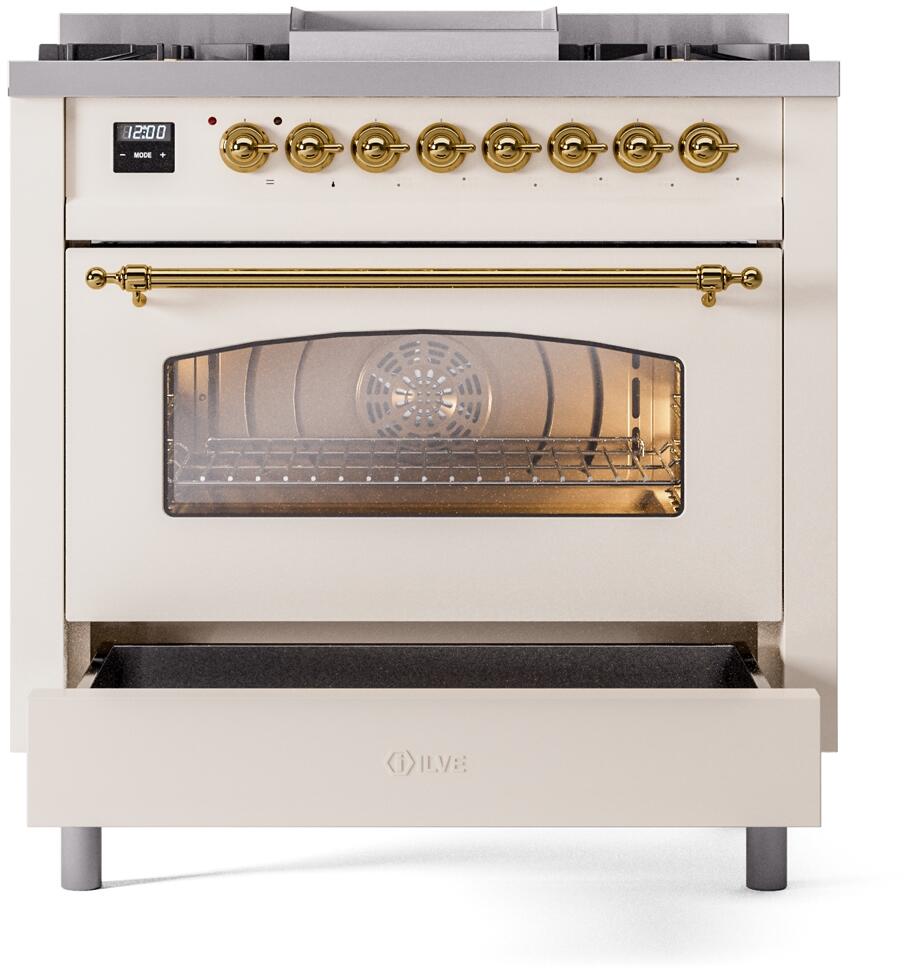 Nostalgie II 36 Inch Dual Fuel Natural Gas Freestanding Range in Antique White with Brass Trim