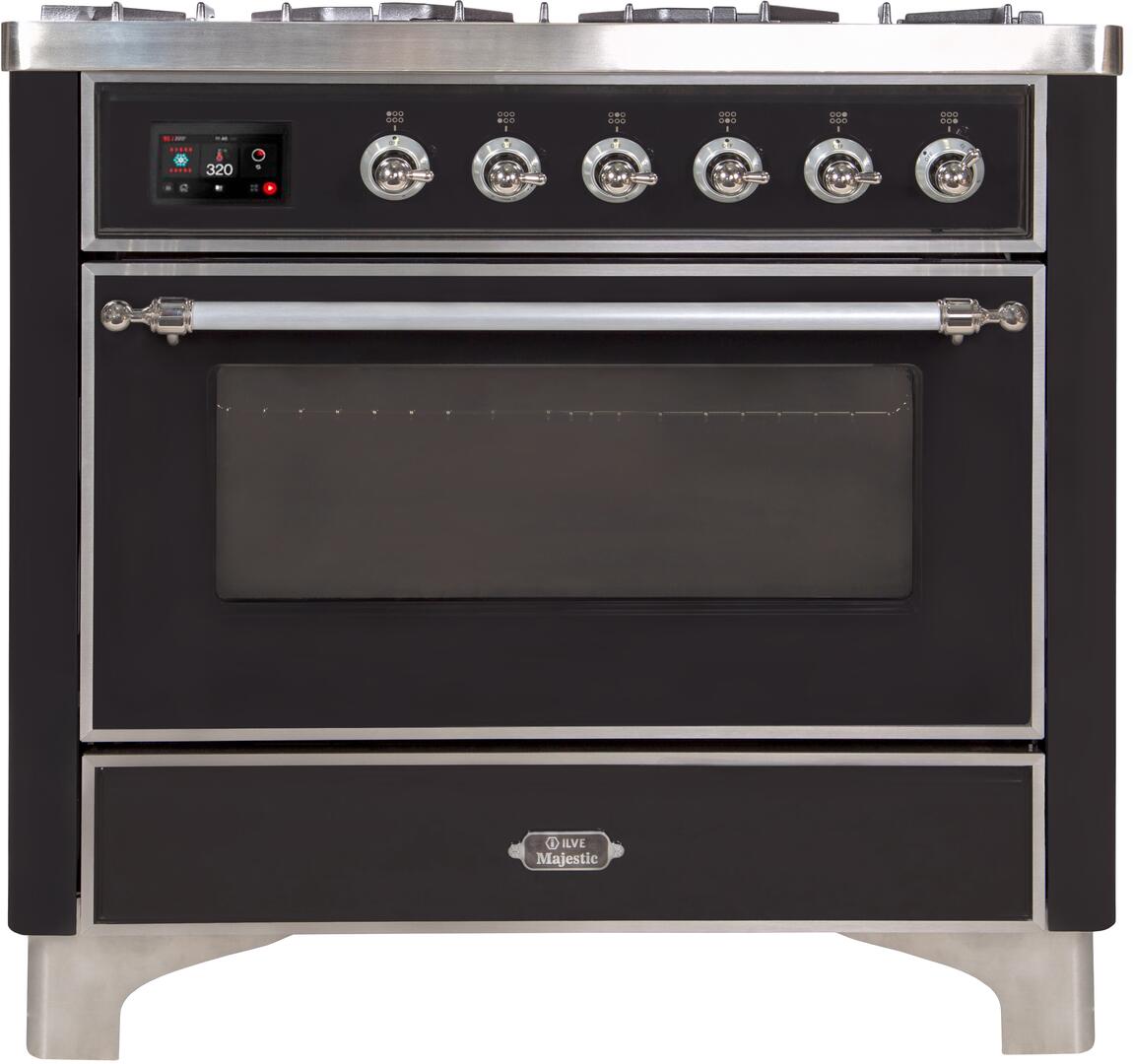 Majestic II 36 Inch Dual Fuel Natural Gas Freestanding Range in Glossy Black with Chrome Trim