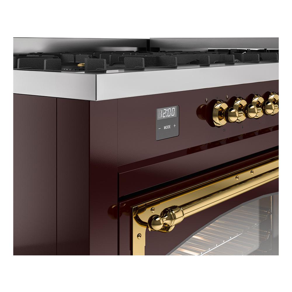 ILVE UN60FNMPBUG Nostalgie II Noblesse 60 inch Dual Fuel Range (9 Sealed Burners + Griddle, Natural Gas, Triple Glass Door, Burgundy, Brass)