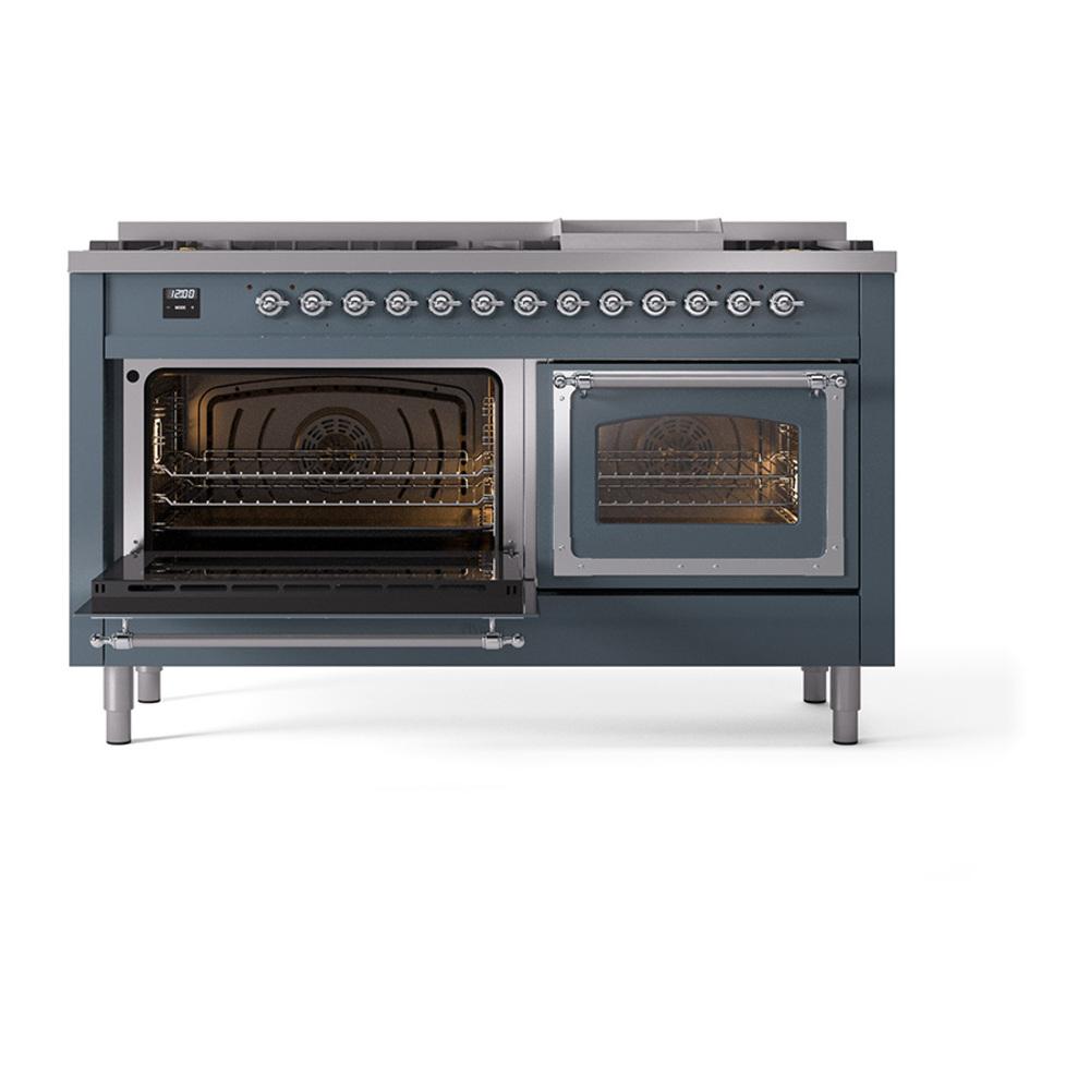 ILVE UN60FNMPBGC Nostalgie II Noblesse 60 inch Dual Fuel Range (9 Sealed Burners + Griddle, Natural Gas, Triple Glass Door, Blue Grey, Chrome)