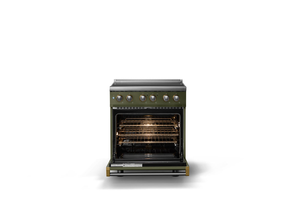 30"W. Induction Range (Finish: Martini, Trim: Brushed Brass)