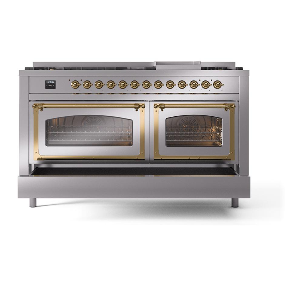 ILVE UN60FNMPSSG Nostalgie II Noblesse 60 inch Dual Fuel Range (9 Sealed Burners + Griddle, Natural Gas, Triple Glass Door, Stainless Steel, Brass)