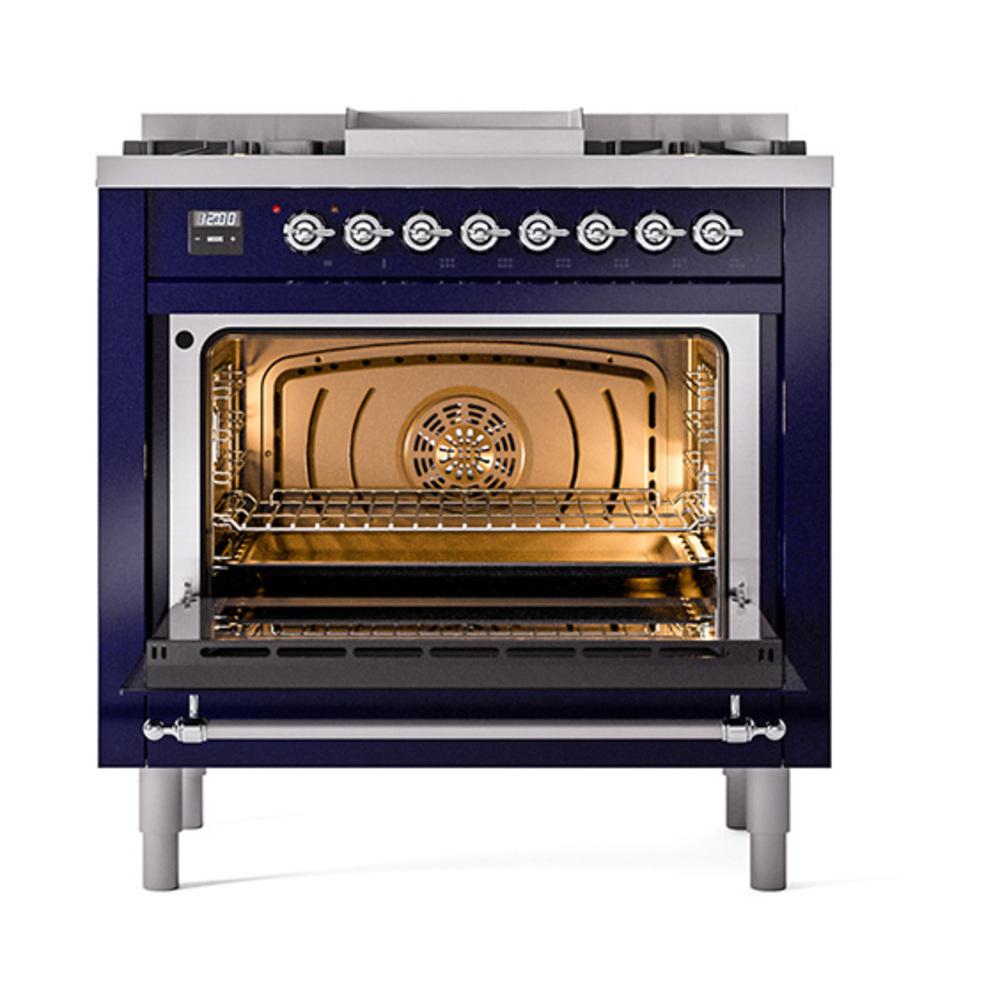 ILVE UN36FQNMPMBCLP Nostalgie II Noblesse 36 inch Dual Fuel Range (Liquid Propane, Solid Door, Midnight Blue, Chrome)