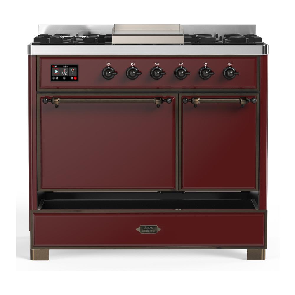 ILVE UMD40FQNR3BUBLP Majestic III 40 inch Dual Fuel Range with 6 Burners and Griddle, Dual Function Burner up to 25,000 BTU (Liquid Propane, Solid Door, Burgundy, Burnished)