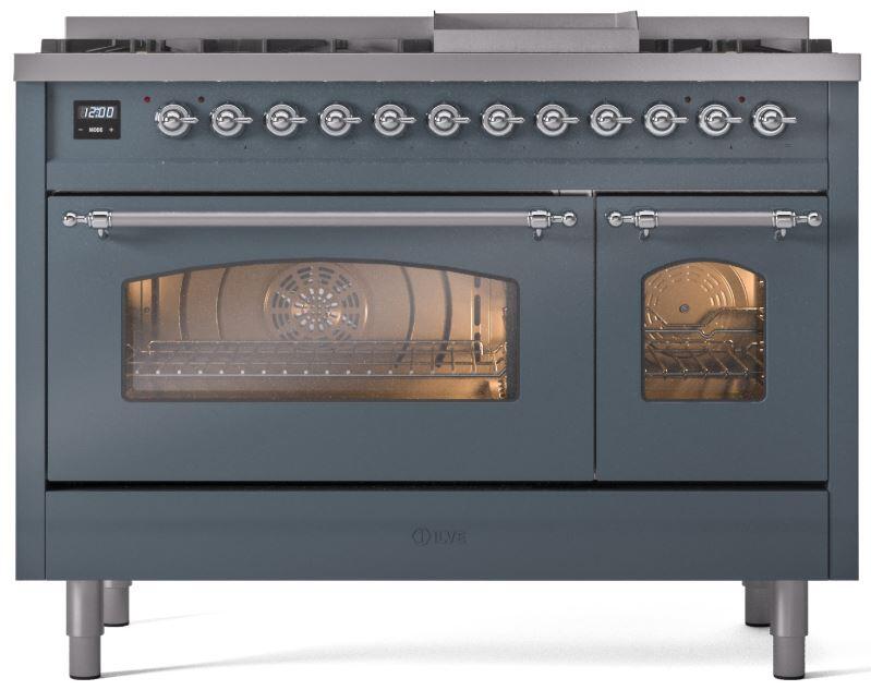 Nostalgie II 48 Inch Dual Fuel Liquid Propane Freestanding Range in Blue Grey with Chrome Trim