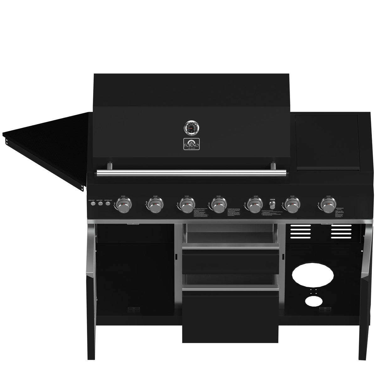 Forno All Aperto 87,600 BTU Outdoor Kitchen, 4 Burners, Infrared Burners, Side Burner, Black Sintered Stone Countertops, Gas Pizza Oven, Sink Module, Bar & Beverage Center