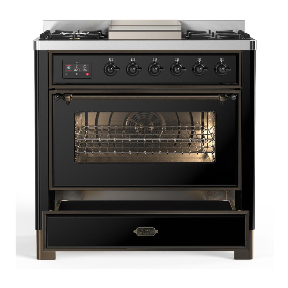 ILVE UM36FNR3BKB Majestic III 36 inch Dual Fuel Range with 6 Black Brass Burners and Griddle, Dual Function Burner up to 25,000 BTU (Triple Glass Door, Glossy Black, Burnished, Natural Gas)