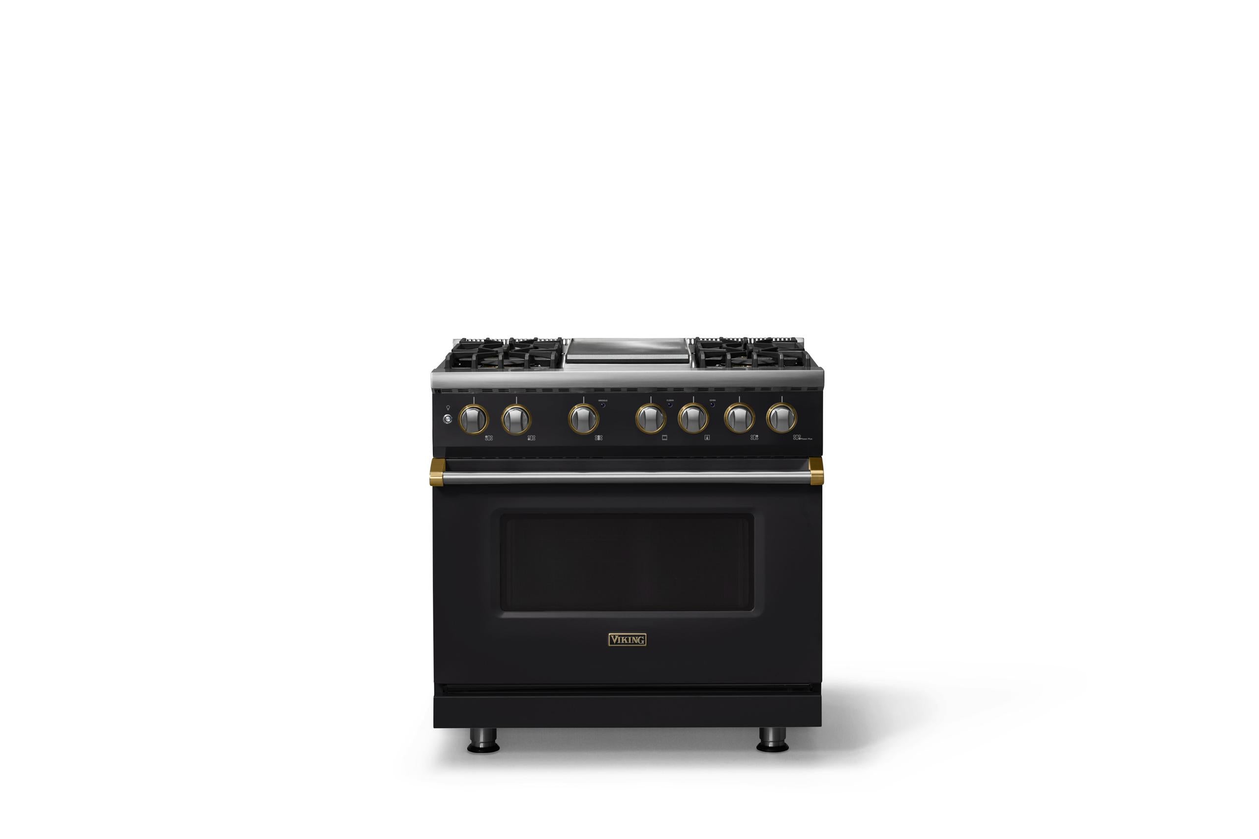 36"W. Dual Fuel Range (Burner: 4g, Finish: Onyx, Trim: Brushed Brass, Fuel: Natural Gas)