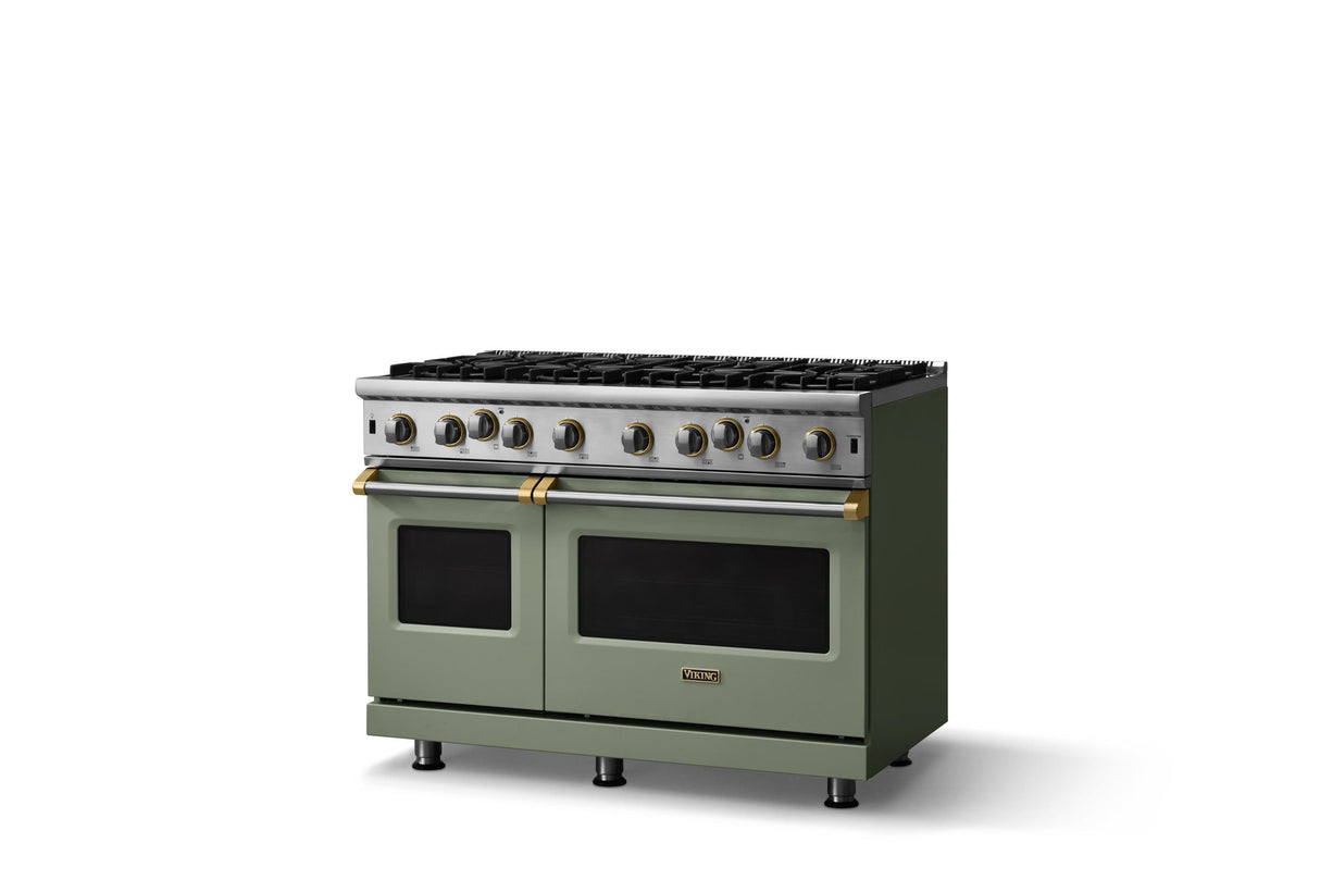 48"W. Open Burner Gas Range (Finish: Eucalyptus, Trim: Brushed Brass, Fuel: Natural Gas)