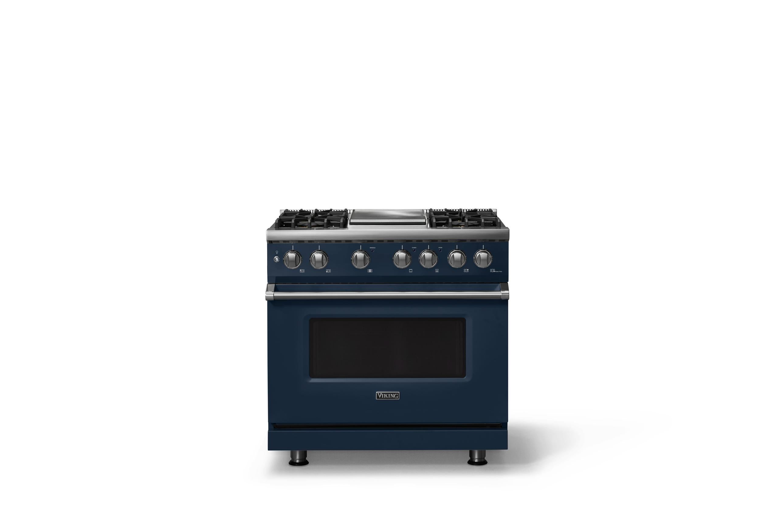36"W. Dual Fuel Range (Burner: 4g, Finish: Slate Blue, Trim: Polished Chrome, Fuel: Propane)