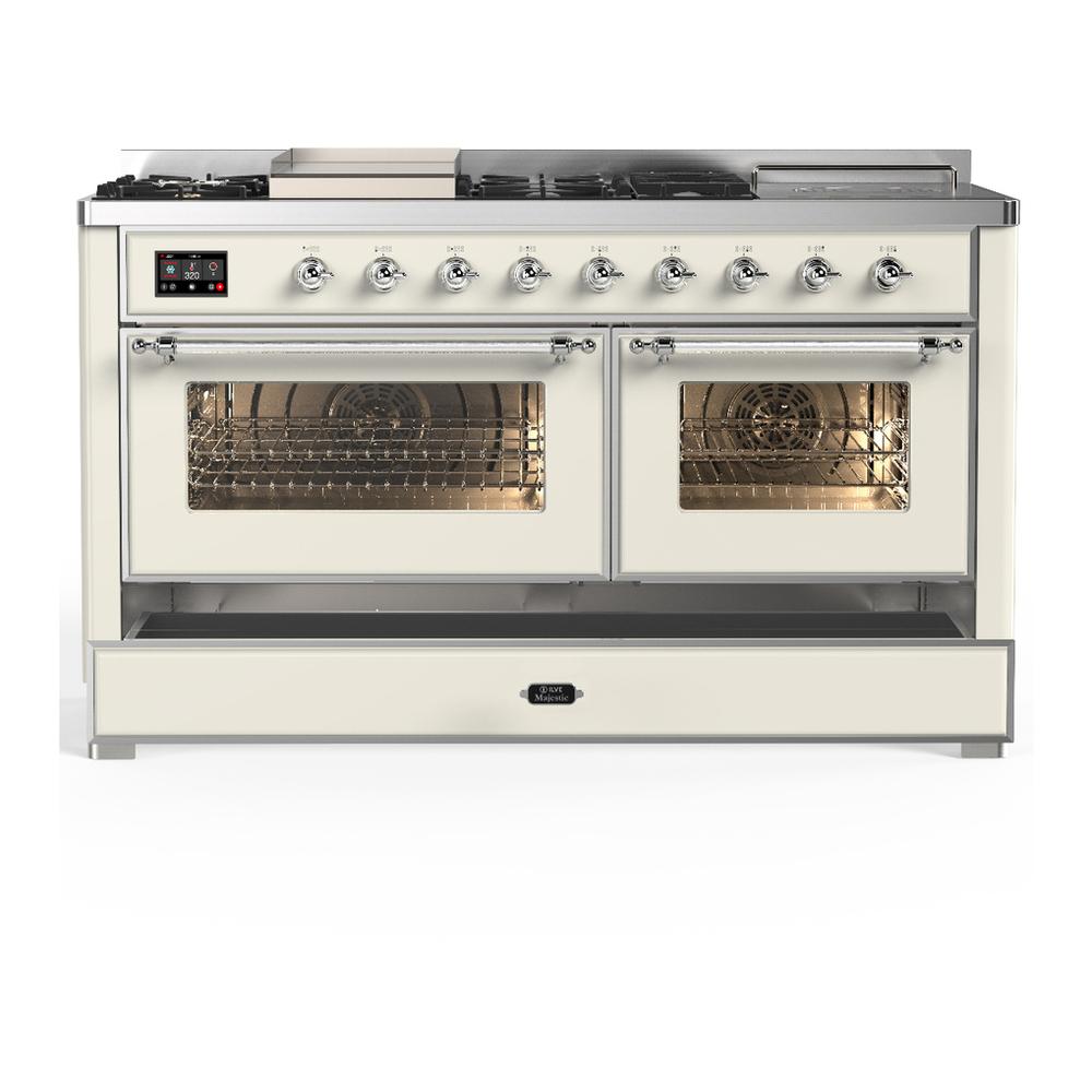 ILVE UM60FSNR3AWCLP Majestic III 60 inch Dual Fuel Range with 7 Burners, Griddle and French Top, Dual Function Burner with up to 25,000 BTU (Liquid Propane, Triple Glass Door, Antique White, Chrome)