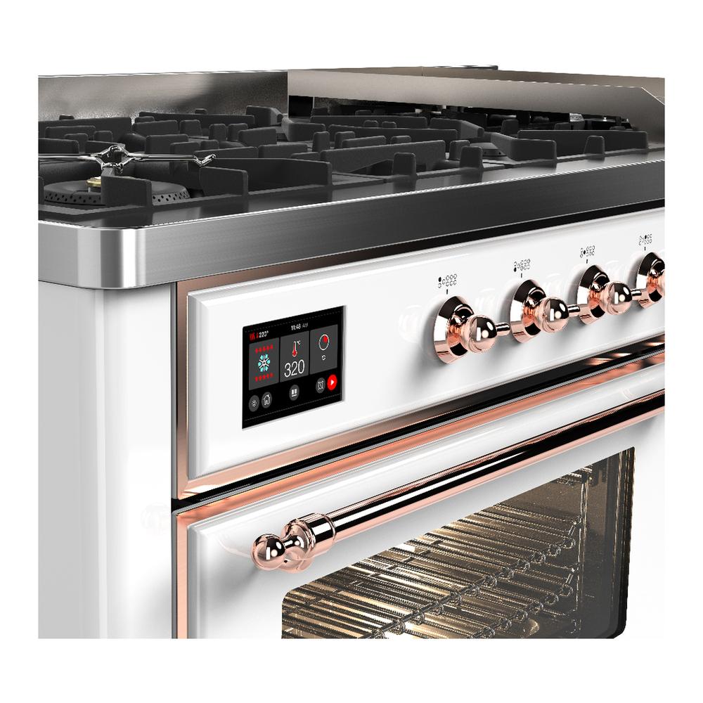 ILVE UM60FNR3WHPLP Majestic III 60 inch Dual Fuel Range with 9 Burners and Griddle, Dual Function Burner up to 25,000 BTU (Liquid Propane, Triple Glass Door, White, Copper)