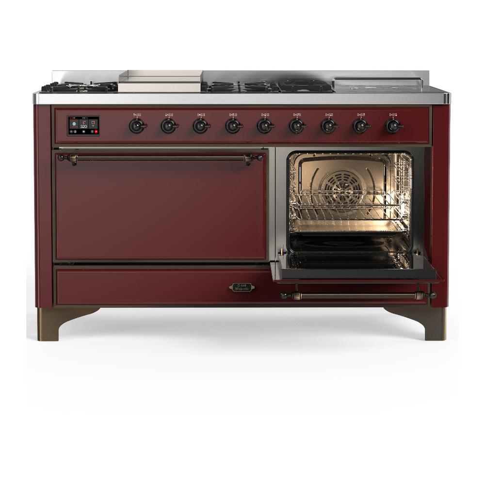 ILVE UM60FSQNR3BUBLP Majestic III 60 inch Dual Fuel Range with 7 Burners, Griddle and French Top, Dual Function Burner with up to 25,000 BTU (Liquid Propane, Solid Door, Burgundy, Burnished)