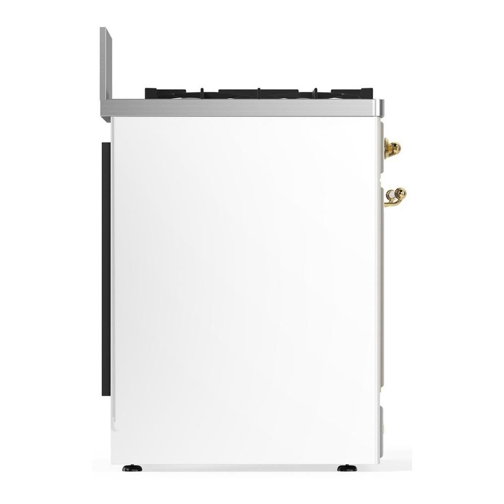 ILVE UM30NR3WHGLP Majestic III 30 inch Dual Fuel Range with 5 Black Brass Burners, Dual Function Burner up to 25,000 BTU (Liquid Propane, Triple Glass Door, White, Brass)