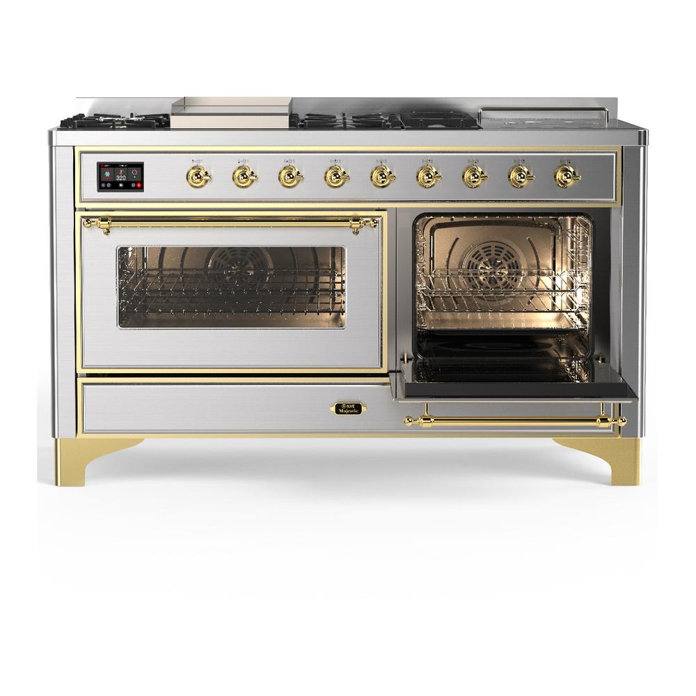 ILVE UM60FSNR3SSGLP Majestic III 60 inch Dual Fuel Range with 7 Burners, Griddle and French Top, Dual Function Burner with up to 25,000 BTU (Liquid Propane, Triple Glass Door, Stainless Steel, Brass)
