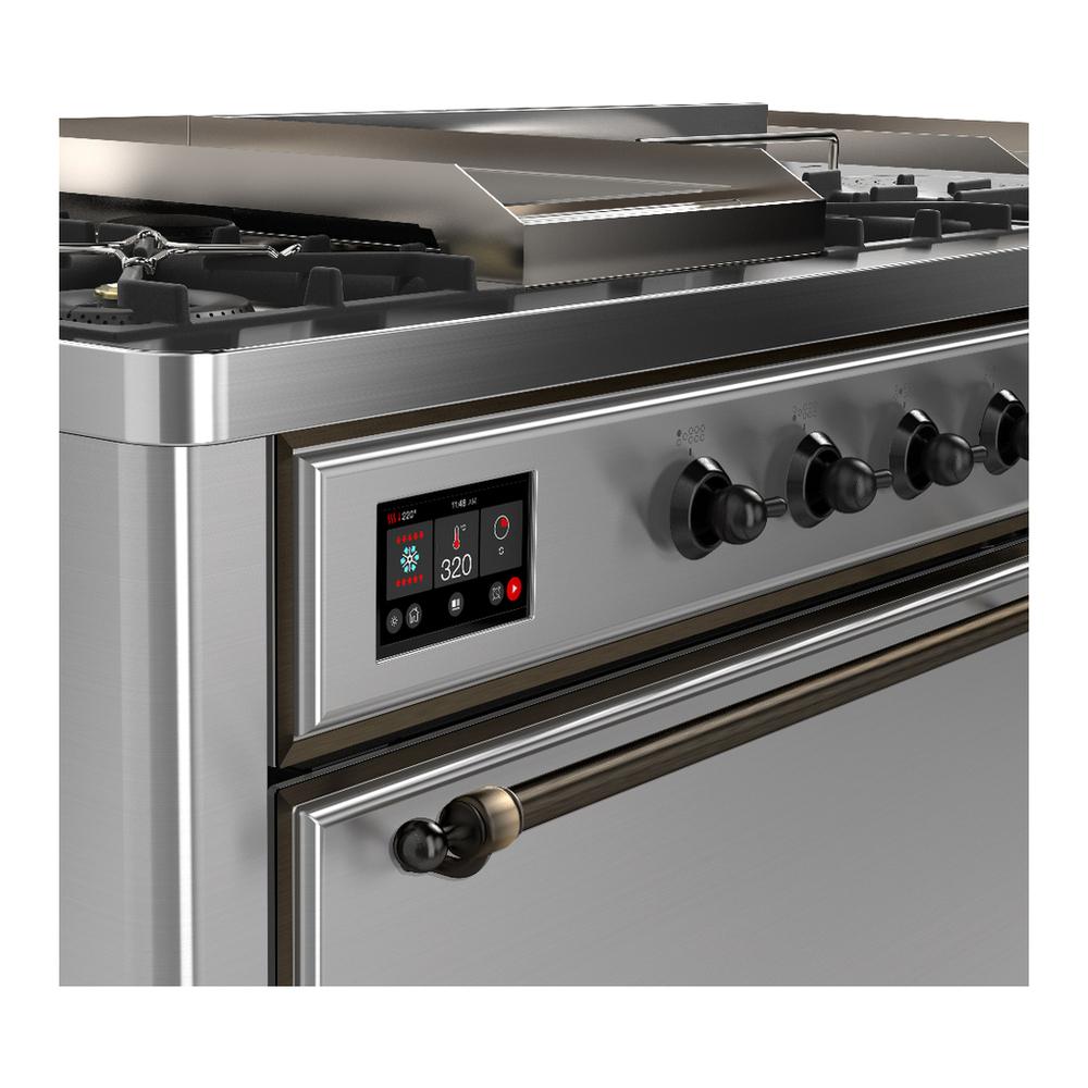 ILVE UM60FSQNR3SSBLP Majestic III 60 inch Dual Fuel Range with 7 Burners, Griddle and French Top, Dual Function Burner with up to 25,000 BTU (Liquid Propane, Solid Door, Stainless Steel, Burnished)