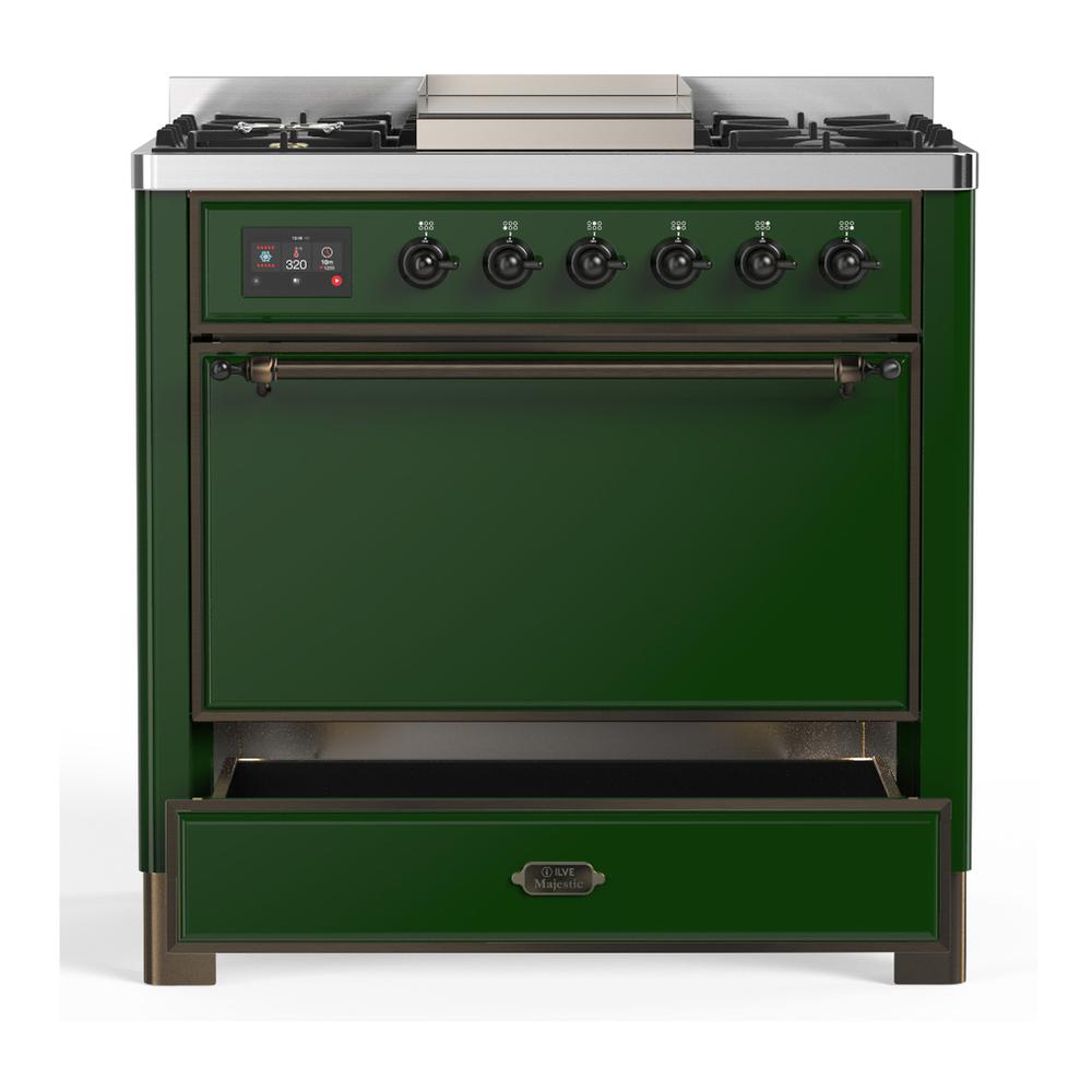 ILVE UM36FQNR3EGBLP Majestic III 36 inch Dual Fuel Range with 6 Black Brass Burners and Griddle, Dual Function Burner up to 25,000 BTU (Solid Door, Emerald Green, Burnished, Liquid Propane)