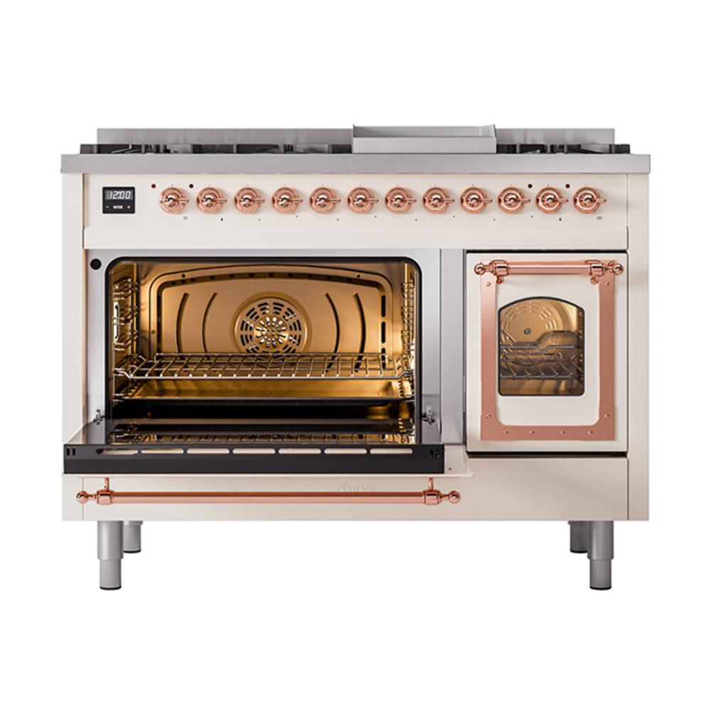 ILVE UN48FNMPAWPLP Nostalgie II Noblesse 48 inch Dual Fuel Range (8 Sealed Burners + Griddle, Liquid Propane, Triple Glass Door, Antique White, Copper)