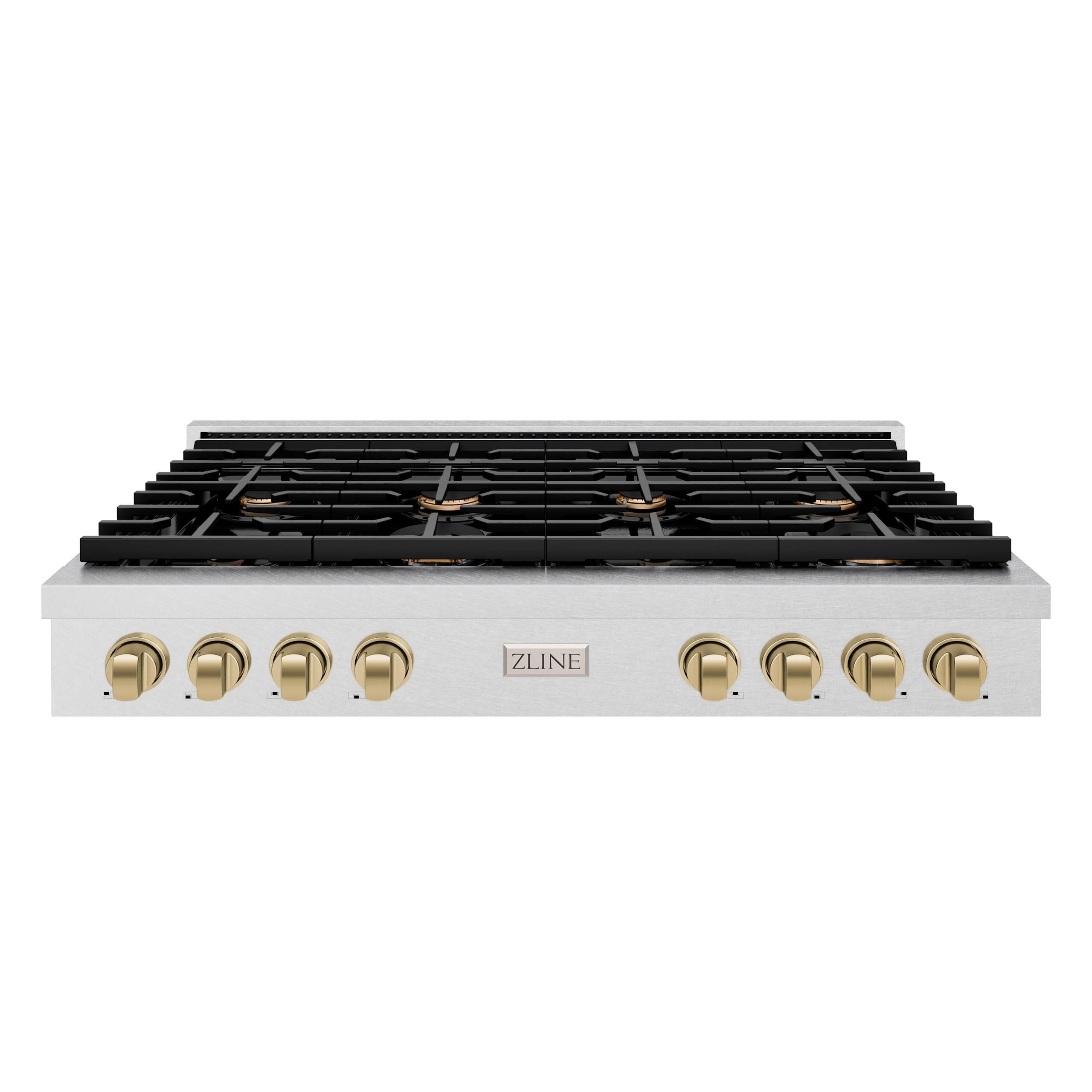 ZLINE 48 in. Autograph Edition Paramount Gas Rangetop with 8 Burners and Porcelain Cooktop in DuraSnow' Stainless Steel with Champagne Bronze Accents (SRTSZ-48-CB)