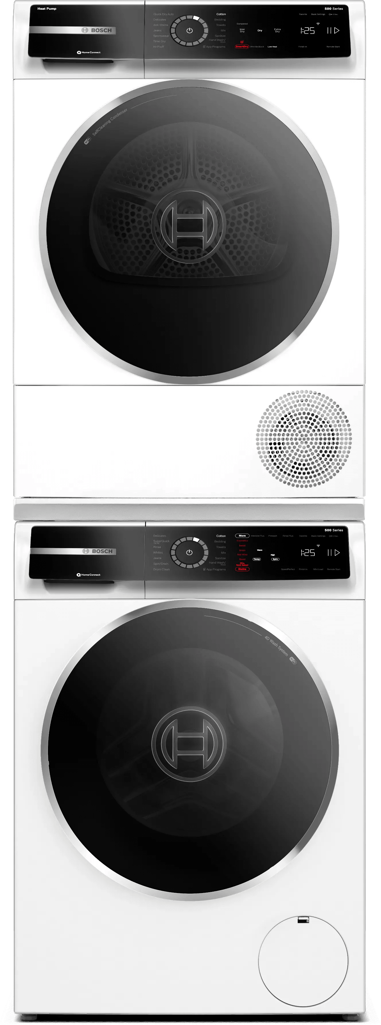 Bosch Stacked Front Load Washer & Electric Dryer Set with Pull-Out Tray Stacking Kit - White