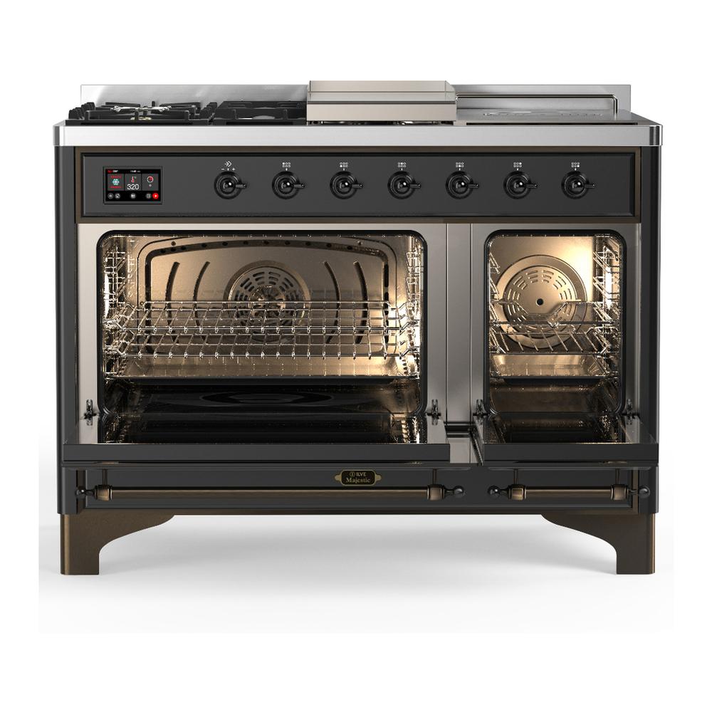 ILVE UM48FSQNR3MGBLP Majestic III 48 inch Dual Fuel Range with 5 Black Brass Burners, Griddle and French Top, Dual Function Burner up to 25,000 BTU (Liquid Propane, Solid Door, Graphite Matte, Burnished)