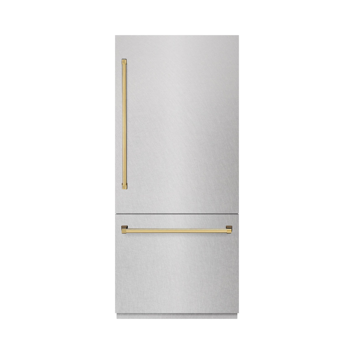 ZLINE Autograph Edition 36 in. 19.8 cu. ft. Built-In Bottom Freezer Refrigerator with Water Dispenser and Ice Maker in DuraSnow' Stainless Steel and Polished Gold Accents (RBITZ-SN-36-G)