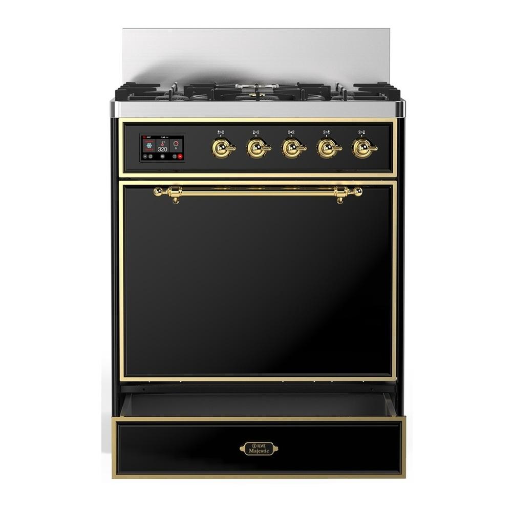 ILVE UM30QNR3BKG Majestic III 30 inch Dual Fuel Range with 5 Black Brass Burners, Dual Function Burner up to 25,000 BTU (Natural Gas, Solid Door, Glossy Black, Brass)