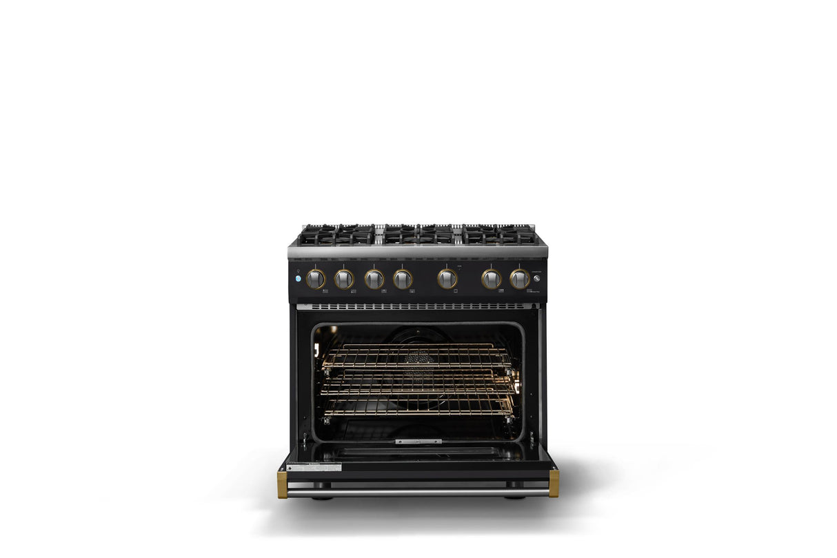 36"W. Sealed Burner Gas Range (Burner: 6b, Finish: Onyx, Trim: Brushed Brass, Fuel: Propane)