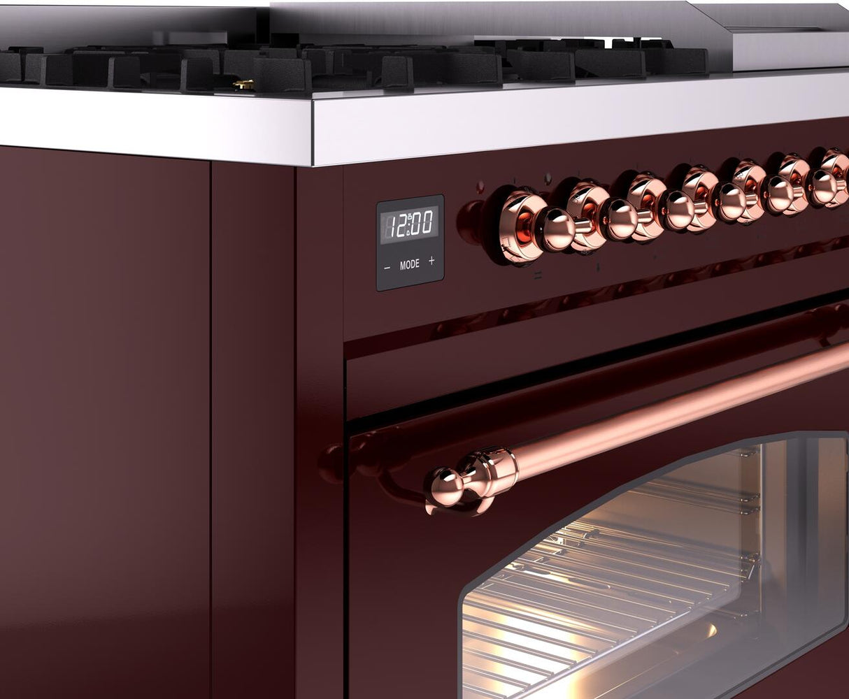 Nostalgie II 48 Inch Dual Fuel Natural Gas Freestanding Range in Burgundy with Copper Trim