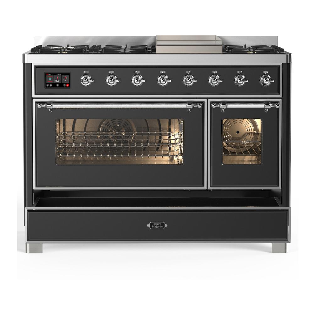 ILVE UM48FNR3MGC Majestic III 48 inch Dual Fuel Range with 8 Burners and Griddle, Dual Function Burner up to 25,000 BTU (Natural Gas, Triple Glass Door, Graphite Matte, Chrome)