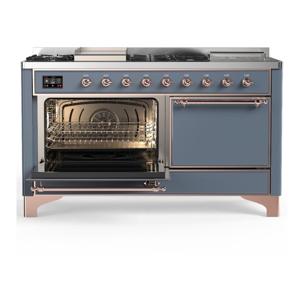 ILVE UM60FSQNR3BGP Majestic III 60 inch Dual Fuel Range with 7 Burners, Griddle and French Top, Dual Function Burner with up to 25,000 BTU (Natural Gas, Solid Door, Blue Grey, Copper)
