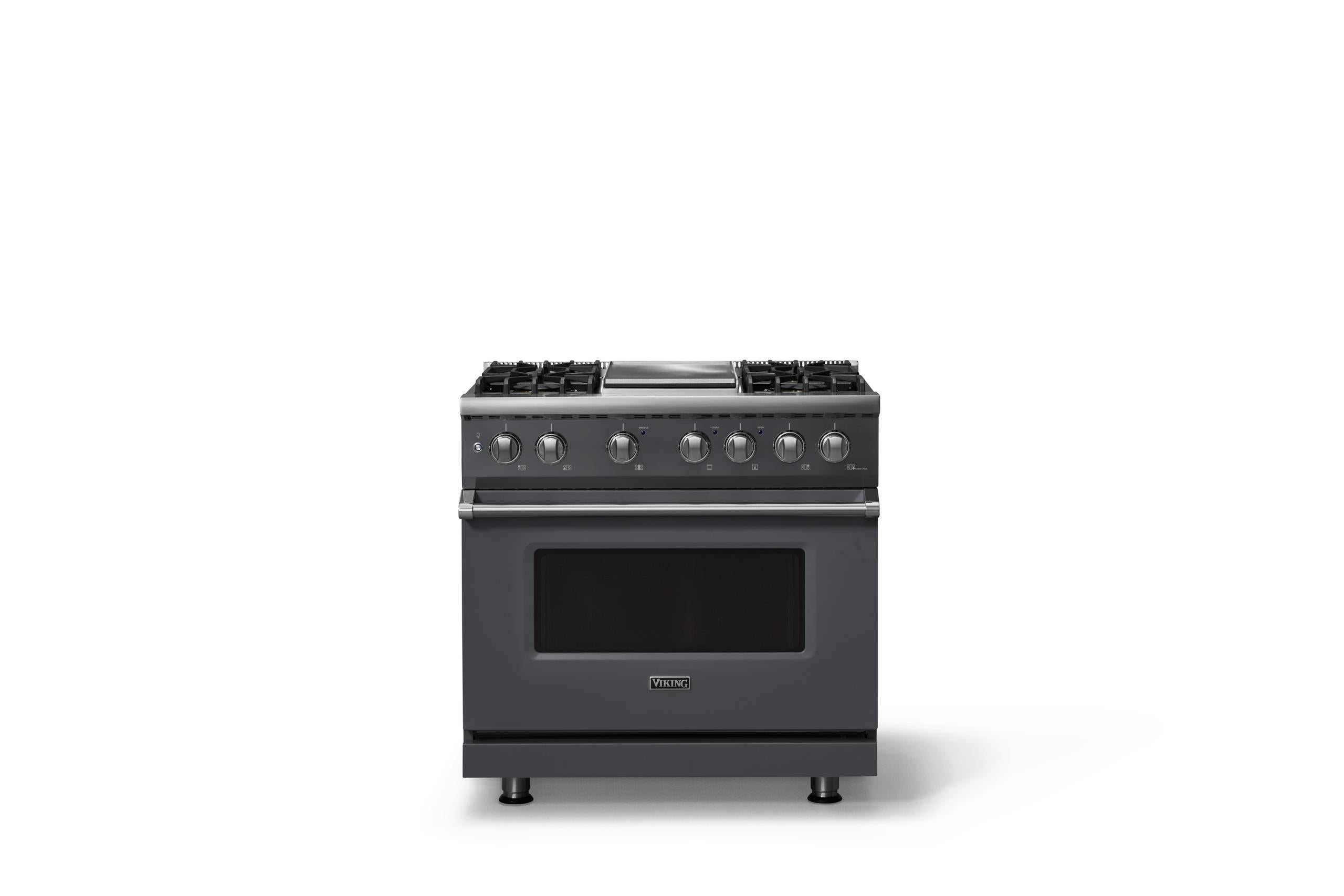 36"W. Dual Fuel Range (Burner: 4g, Finish: Cast Black, Trim: Polished Chrome, Fuel: Natural Gas)