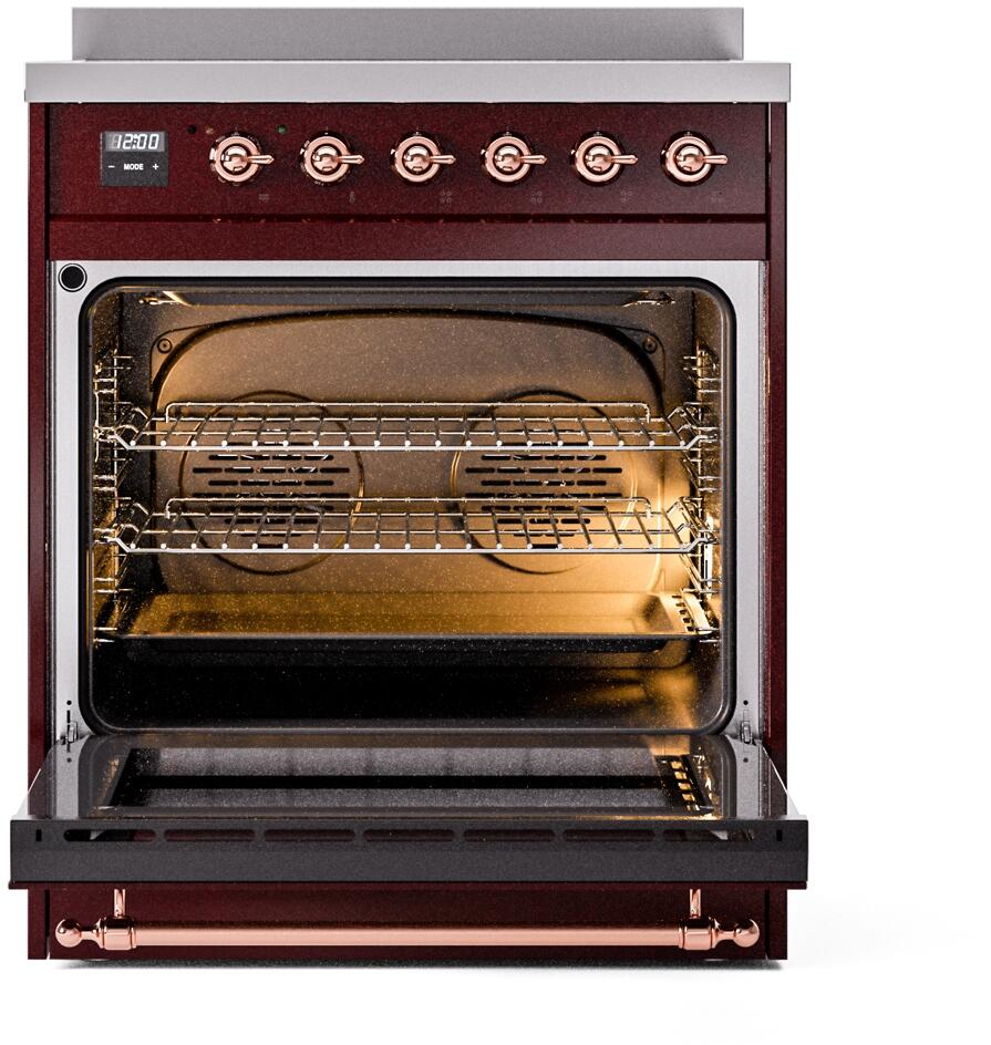 Nostalgie II 30 Inch Electric Freestanding Range in Burgundy with Copper Trim