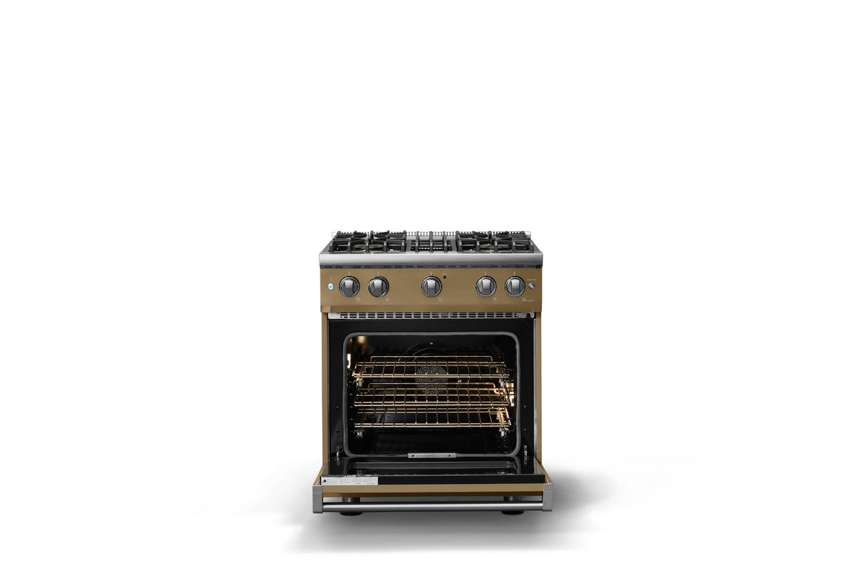 30"W. Sealed Burner Gas Range (Finish: Golden Hour, Trim: Polished Chrome, Fuel: Natural Gas)