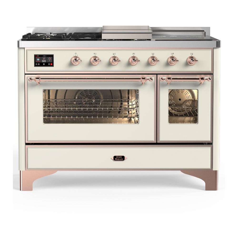ILVE UM48FSNR3AWPLP Majestic III 48 inch Dual Fuel Range with 5 Black Brass Burners, Griddle and French Top, Dual Function Burner up to 25,000 BTU (Liquid Propane, Triple Glass Door, Antique White, Copper)