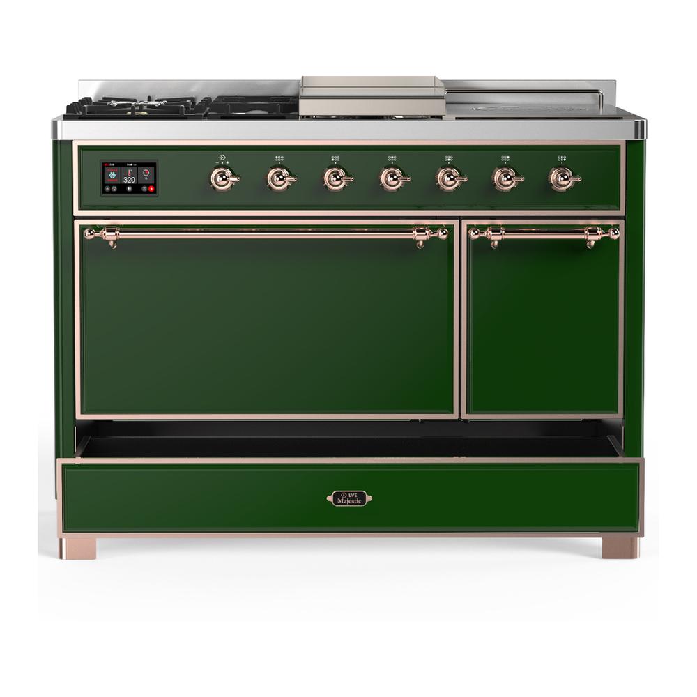ILVE UM48FSQNR3EGP Majestic III 48 inch Dual Fuel Range with 5 Black Brass Burners, Griddle and French Top, Dual Function Burner up to 25,000 BTU (Natural Gas, Solid Door, Emerald Green, Copper)