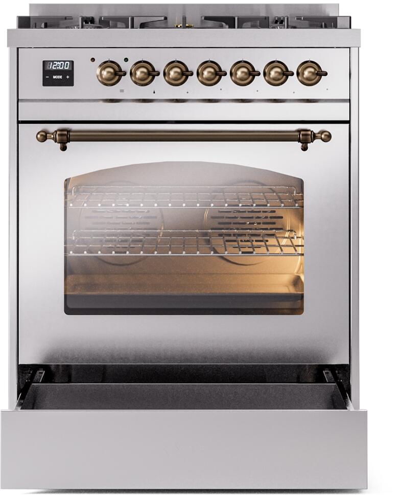 Nostalgie II 30 Inch Dual Fuel Natural Gas Freestanding Range in Stainless Steel with Bronze Trim