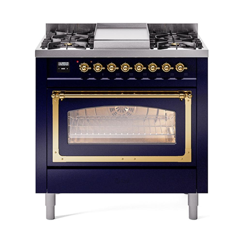 ILVE UN36FNMPMBG Nostalgie II Noblesse 36 inch Dual Fuel Range (Natural Gas, Triple Glass Door, Midnight Blue, Brass)