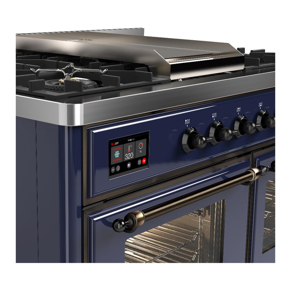 ILVE UMD40FNR3MBBLP Majestic III 40 inch Dual Fuel Range with 6 Burners and Griddle, Dual Function Burner up to 25,000 BTU (Liquid Propane, Triple Glass Door, Midnight Blue, Burnished)