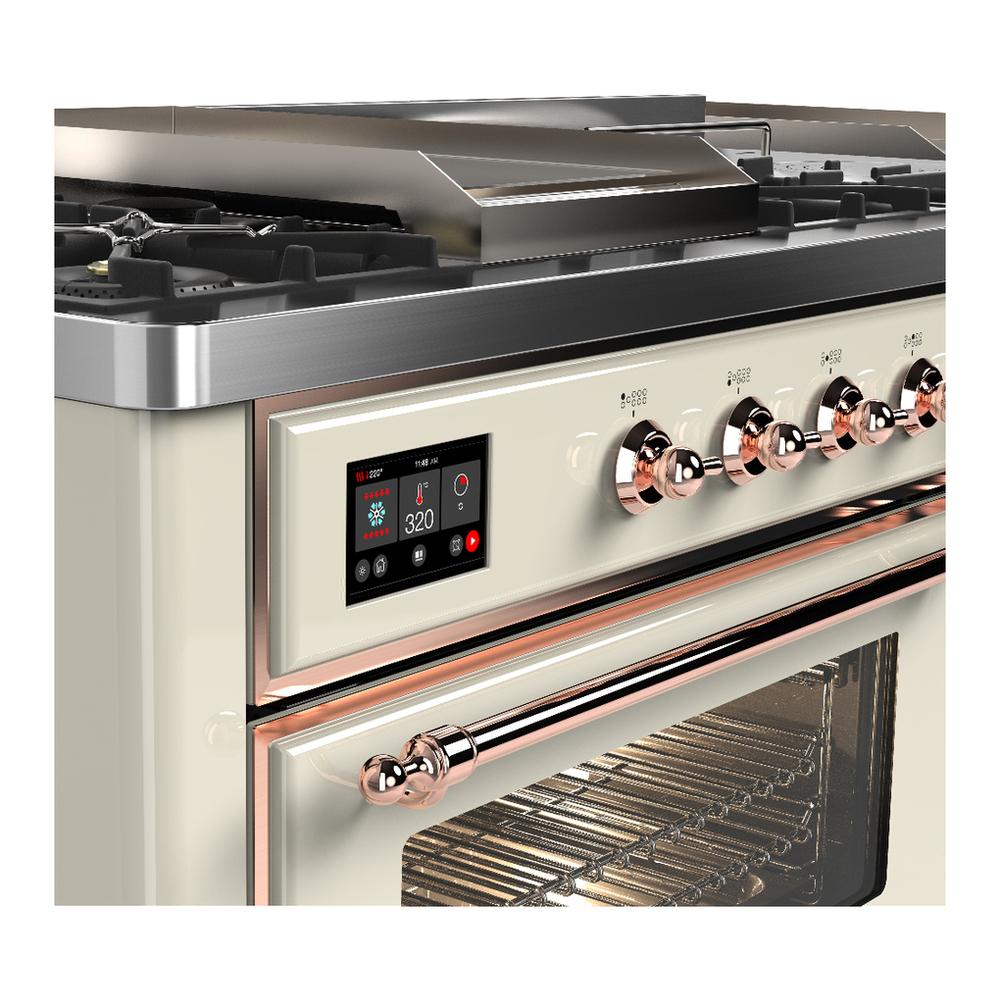 ILVE UM60FSNR3AWP Majestic III 60 inch Dual Fuel Range with 7 Burners, Griddle and French Top, Dual Function Burner with up to 25,000 BTU (Natural Gas, Triple Glass Door, Antique White, Copper)