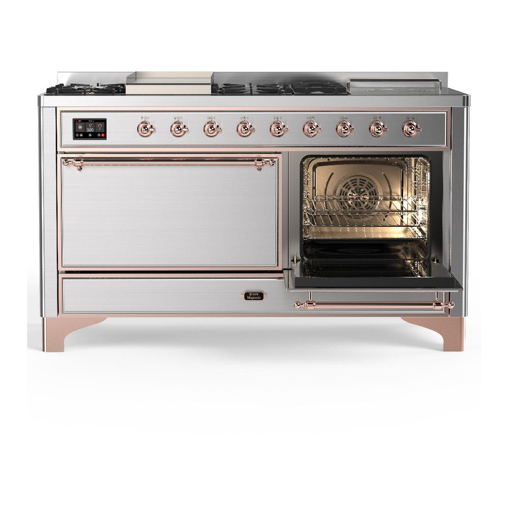 ILVE UM60FSQNR3SSP Majestic III 60 inch Dual Fuel Range with 7 Burners, Griddle and French Top, Dual Function Burner with up to 25,000 BTU (Natural Gas, Solid Door, Stainless Steel, Copper)