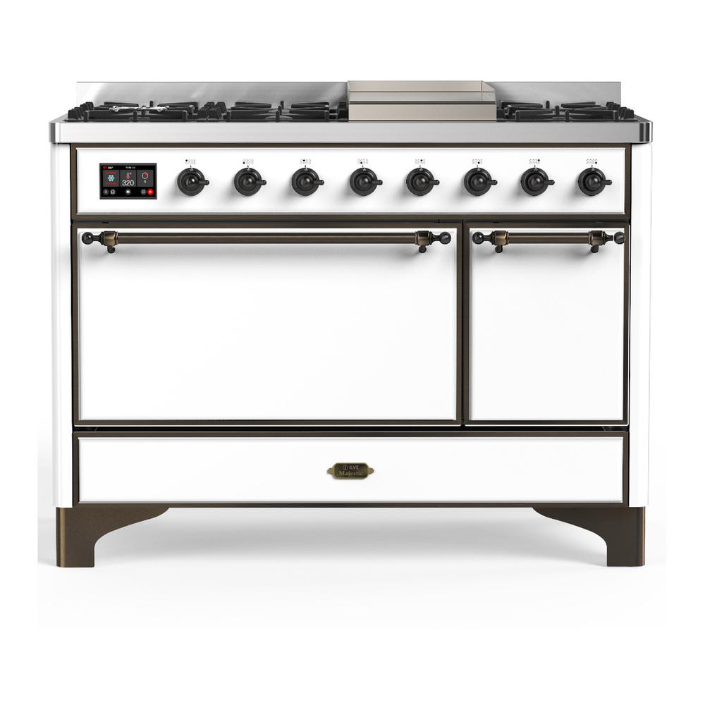 ILVE UM48FQNR3WHB Majestic III 48 inch Dual Fuel Range with 8 Burners and Griddle, Dual Function Burner up to 25,000 BTU (Natural Gas, Solid Door, White, Burnished)