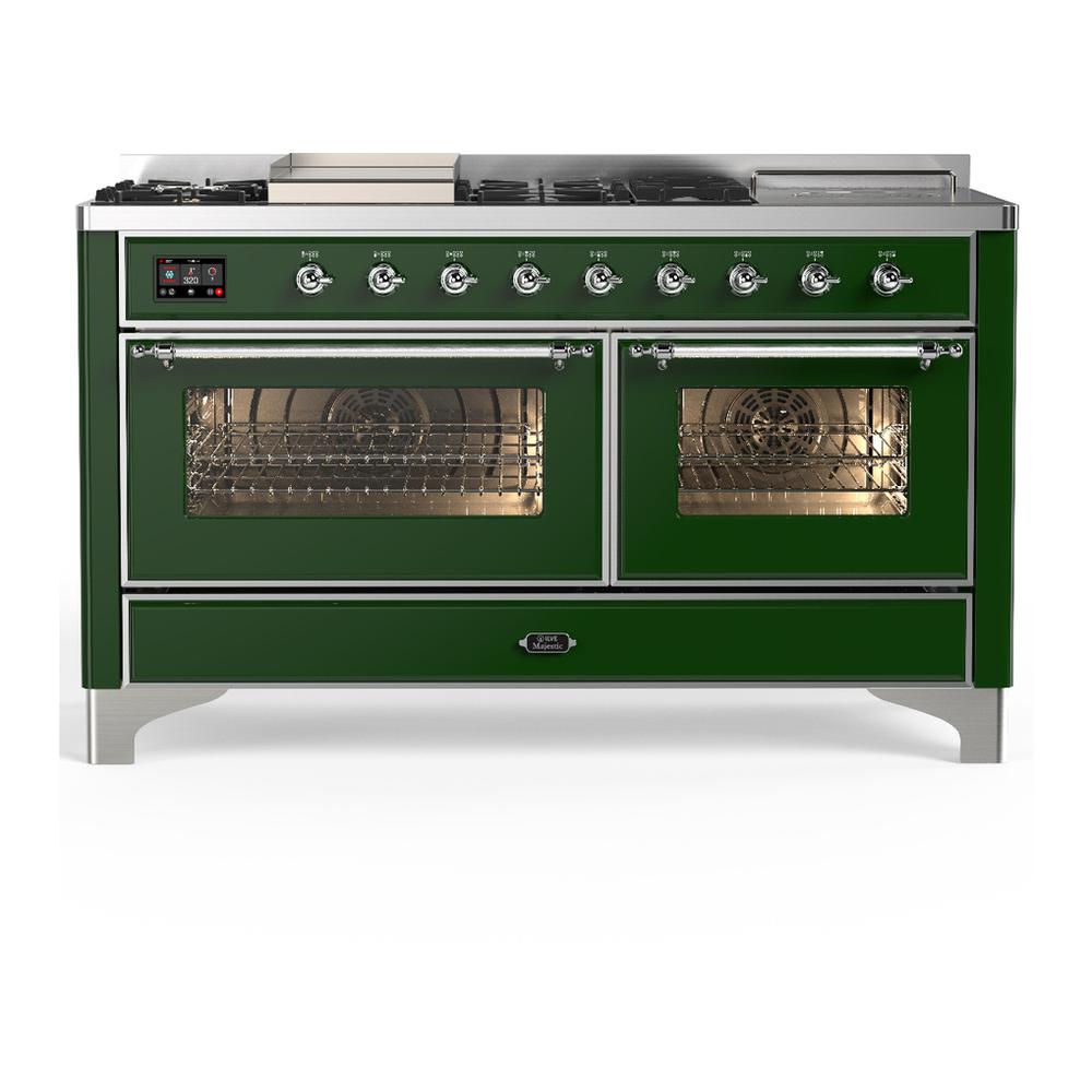ILVE UM60FSNR3EGCLP Majestic III 60 inch Dual Fuel Range with 7 Burners, Griddle and French Top, Dual Function Burner with up to 25,000 BTU (Liquid Propane, Triple Glass Door, Emerald Green, Chrome)