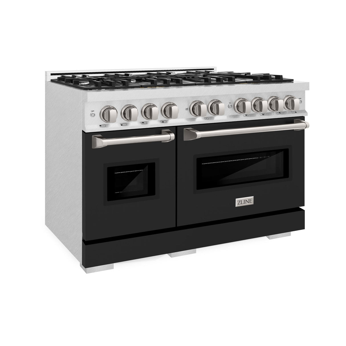 ZLINE 48 in. 6.7 cu. ft. Classic Double Oven Dual Fuel Range with 8 Burner Gas Cooktop in DuraSnow' Stainless Steel with Black Matte Doors (CDRS-BLM-48)
