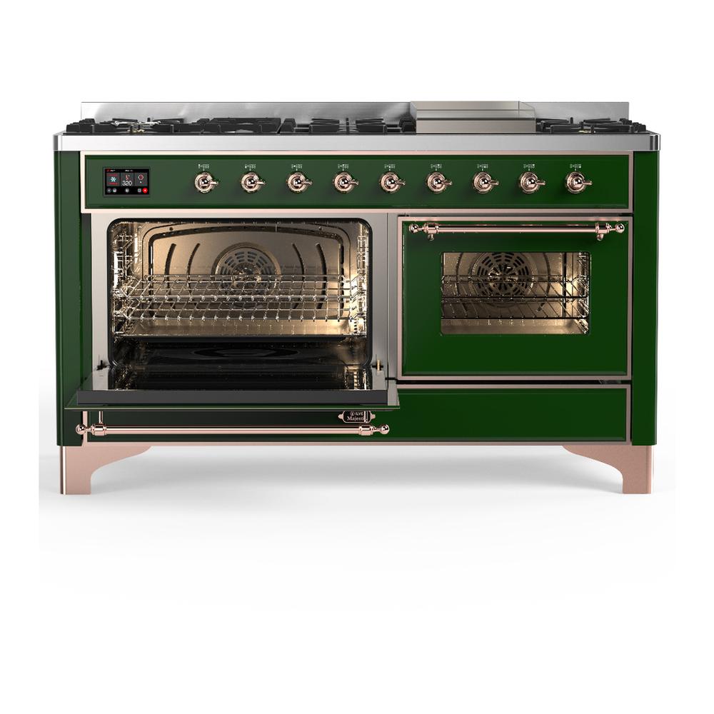 ILVE UM60FNR3EGP Majestic III 60 inch Dual Fuel Range with 9 Burners and Griddle, Dual Function Burner up to 25,000 BTU (Natural Gas, Triple Glass Door, Emerald Green, Copper)